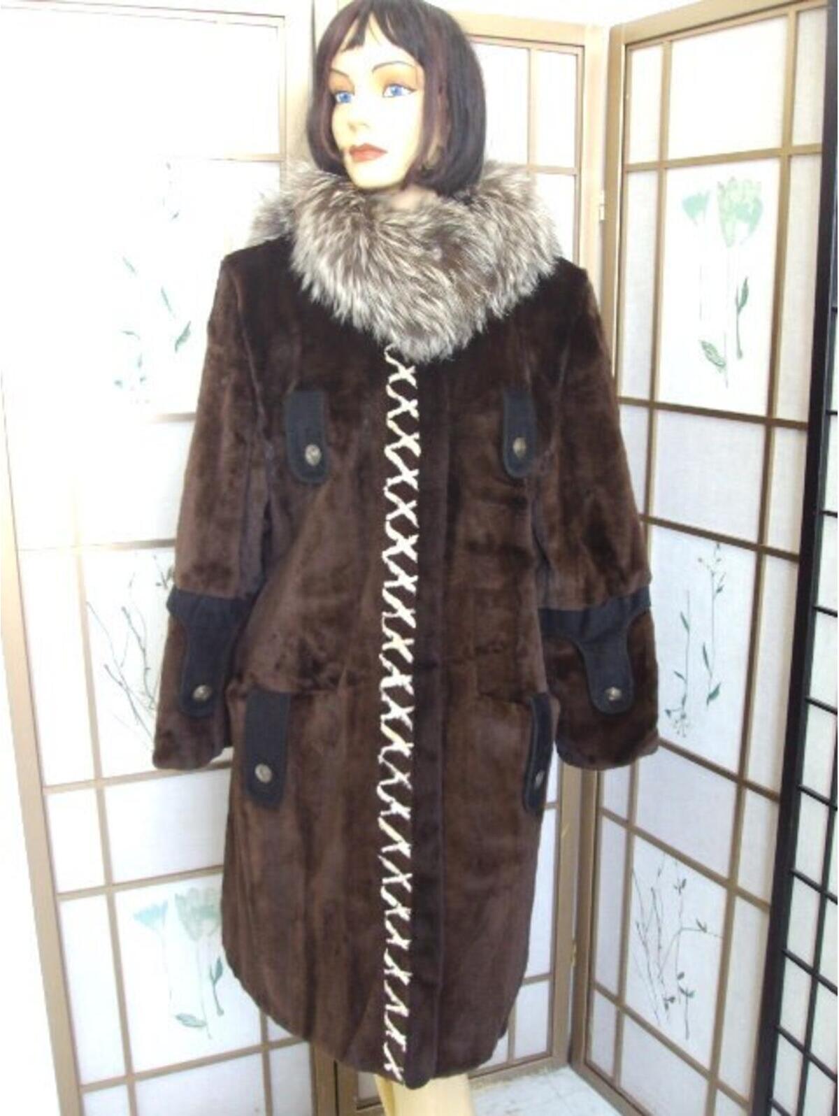 Excellent Sheared Dark Ranch Mink & Fox Fur Coat Jacket Women Woman Size 6-8